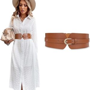 Women's Fashion PU Width Belt, Ladies Metal Buckle Design Belt Interlocking Buckle Vintage Blouse Blazer Dress Belt Stretch Cinch Belt for Women (Brown,26-31 inches)