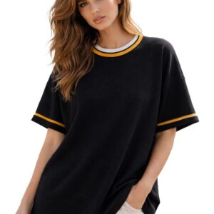 London Hills Women’s Waffle Texture T-Shirt | Loose Fit Casual Summer Top | Round Neck with Contrast Rib Collar & Sleeve Stripe | Soft Breathable Half Sleeve Tee