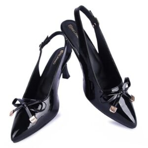 Women’s Slingback Heels Pointed Toe Dress Pumps | Patent Leather Mid Heel Shoes with Bow Detail | Elegant Comfortable Heels for Work, Wedding & Party