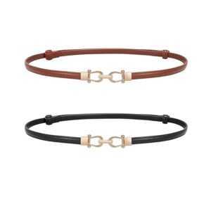 Preptep Women 2 Pack Skinny Belt for Dress,Thin Waist Belt - Adjustable Leather Belt with Gold Buckle