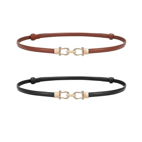 Preptep Women 2 Pack Skinny Belt for Dress,Thin Waist Belt - Adjustable Leather Belt with Gold Buckle