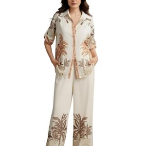 NAINVISH Women Cotton Printed Kurta Pant Co Ord Set Palm Tree Design Soft Fabric Comfortable Daily Outfit