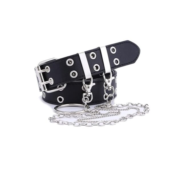 Women Punk Belts Prong Buckle Jeans Waist Belts Grommet punk waist belt for jeans (Black+chain)