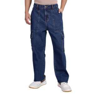 INKD Men's Cargo Baggy Jeans – Mid-Rise | 100% Cotton | Contrast Stitch| 6 Pocket Styling | Baggy Jeans for Man | Loose fit & Comfortable (Available in Plus Sizes)