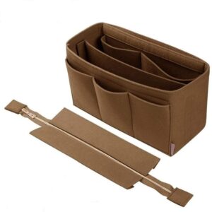 Women Felt Purse Organizer Insert for Ladies Handbag,Shoulder Hobo Bag Multiple Storage Compartment with Detachable Zipper Cover-Beige(11.3x3.15x6.5) inch(Slender M)