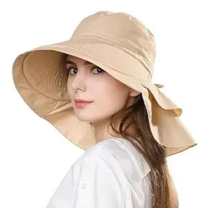 SANNIDHI® Polyester Sun Hats for Women Girls Fashion Wide Brim Hat Sun Uv Protection Summer Hats with Ponytail Hole Back Neck Flap Cover Cap Beach Hat for Women-Beige, Free Size