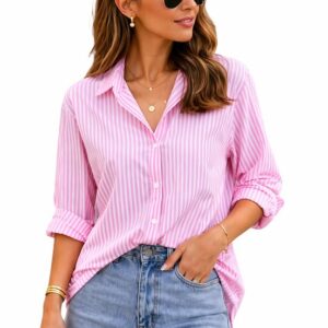 Womens Pink White Striped Button Down Shirt – Long Sleeve Collared Blouse, Casual Loose Fit Work Office Top, Lightweight Summer Tunic with Roll Tab Sleeves