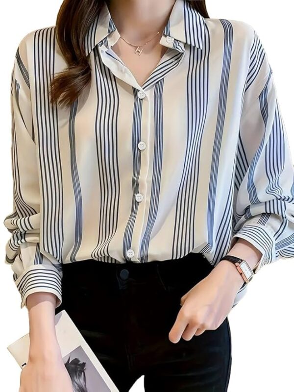 TADKEE Women's V Collared Casual Stylish Long Sleeve Oversized Fit Shirt