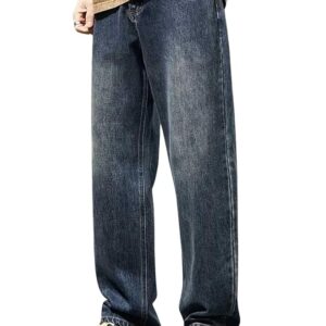 GRECIILOOKS Men's Relaxed Fit Straight Leg Denim Jeans | Casual High-Waist Baggy Pant with Drawstring | Comfortable All-Day Wear