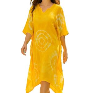 Maaesa Women Yellow Handcrafted Tie-Dye Rayon Loose Fit Kaftan Dress | V-Neck | Flowy Kaftan Style | Lightweight & Breathable Fabric | Casual Wear