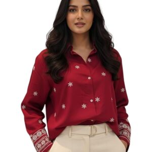 Women Rayon Embroidered Shirt – Long Sleeve Button Down Top with Floral Embroidery, Casual Office Wear Blouse(Maroon)