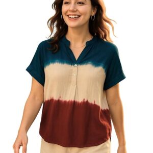 Maaesa Women Multicolor Handcrafted Tie & Dye Rayon Top | Mandarin Collar | Short Sleeves | Lightweight & Breathable Fabric | Casual Wear & Office Wear
