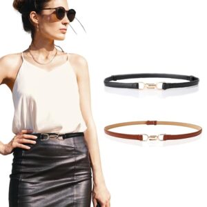 PALAY® 2Pcs Waist Belt for Women Belts for Dress Fashion Elastic Slim Dress Belts for Women Ladies Stretch PU Leather Belt with Metal Buckle Closure for Shirt Blouse Blazer - Black & Brown
