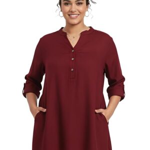 Plus Size Women’s Roll-Up Sleeve Tunic Top V-Neck Button Front Side Pockets Rayon Short Kurti Casual Ethnic Wear Indian Traditional Dress for Office Party