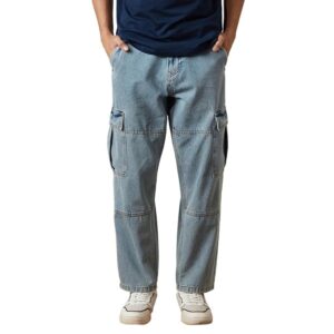 WROGN Men's Pure Cotton Denim Cargo Jeans | Solid | Loose Fit