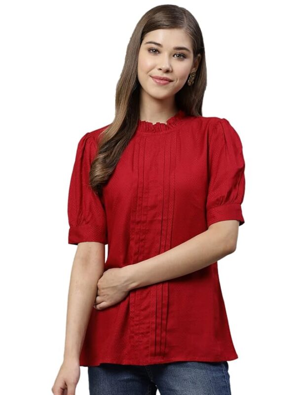 Yash Gallery Women's Rayon Dobby Solid Straight Half Puff Sleeve High Neck Casual Regular Fit Top