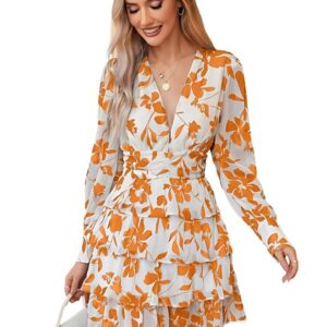 Leriya Fashion Women’s V-Neck Floral Print Ruffle Long Sleeve A-Line Mini Dress | Elegant Casual Party Outfit | Lightweight Layered Summer Wear
