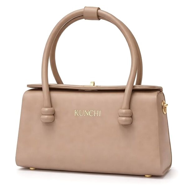 KUNCHI ELARA Structured Top Handle Handbag for Women with Detachable Sling Strap | Gold Tone Hardware | Flap Closure | Elegant Design for Office Work and Everyday Use