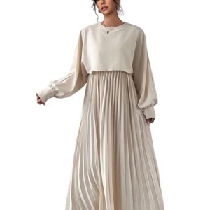 LITZO Dress for Women || Women’s Solid Pleated Maxi Dress || Modest Long Sleeve Loose Fit Flowy Gown for Casual, Office & Brunch || Lightweight Comfortable Western Outfit (T-L-17-18)