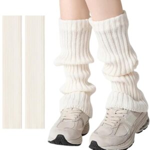 Fapiwen Winter Leg Warmers for Women Fuzzy Knit Socks for Girls, Korean Outfit Stockings for Skirt Wear(42CM, White)