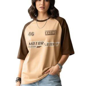 LEOTUDE Oversized Half Sleeve Cottonblend Tshirt for Women, Round Neck Longline Printed Colour Blocked Baggie T-Shirt (Color Rama Green)