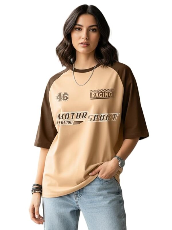 LEOTUDE Oversized Half Sleeve Cottonblend Tshirt for Women, Round Neck Longline Printed Colour Blocked Baggie T-Shirt (Color Rama Green)