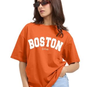 LEOTUDE Oversized Loose Baggy Fit Drop Shoulder Half Sleeve Round Neck Cool Front Teddy Printed T-Shirt for Women/Girls (Color: Orange)