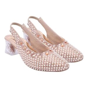 Shoetopia Women’s Embellished Ethnic Slingback Heels – Pearl & Stone Studded Party Juttis with Transparent Block Heel – Traditional Bridal & Festive Footwear