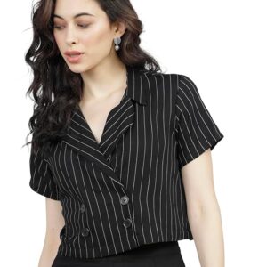 Tokyo Talkies Women's Striped Double-Breasted Crop Top | Short Sleeves | Chic & Trendy | Tops for Woman | Women Tops | Stylish Top