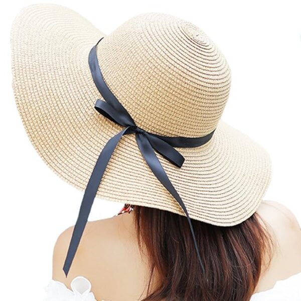 Women's Big Brim Sun Hat - Floppy Foldable Straw Hat with Bowknot for Summer Beach Cream
