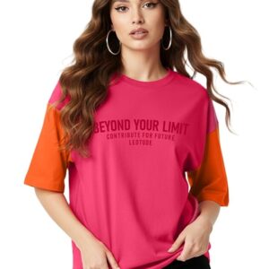 LEOTUDE Half Sleeve Cottonblend Oversized Tshirt for Women, Round Neck Longline Printed Raglan Sleeve Colourblocked Drop Shoulder Baggie T-Shirt Top for Woman (Color Pink)