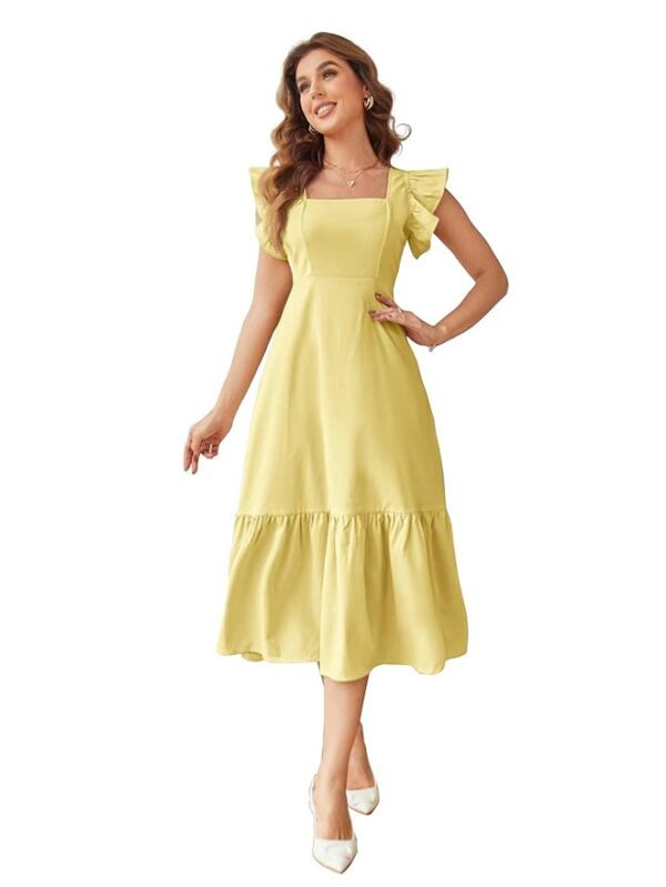 Shasmi Girl's & Women's Solid Color Square Neck, Ruffle-Trimmed Hem Sleeveless, Ruffle Armhole and Casual Dress with Cinched Waist Vacation Outfits Woman (Dress 162)