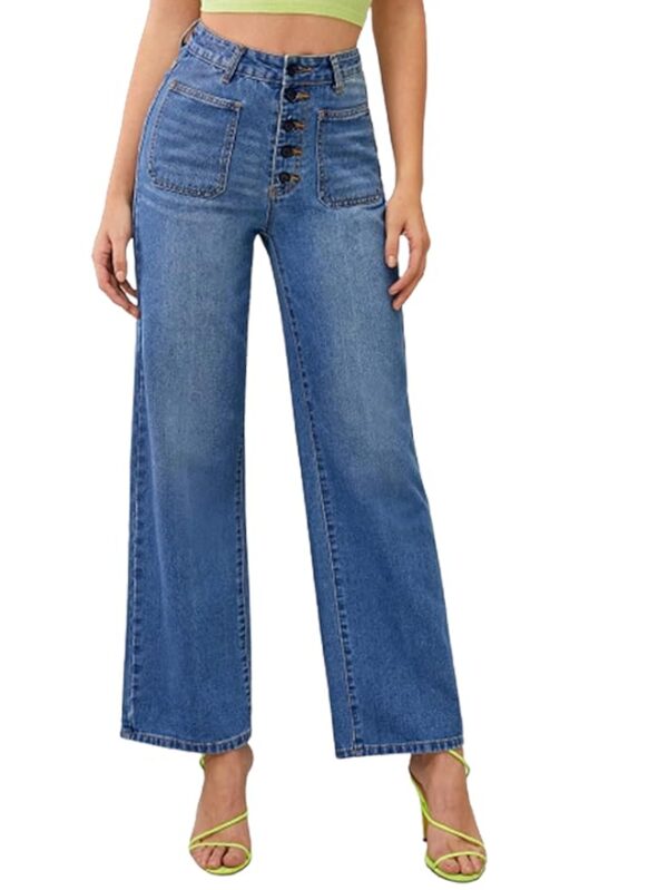 KOTTY Womens High Waist Flared Fit Ankle Length Clean Look Blue Denim Jeans