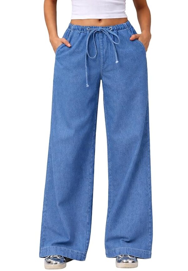London Hills Jeans for Woman | Wide Leg Jean for Women | Women’s Wide Leg Denim Pants | Elastic Waist Drawstring Jeans for Women | Loose Fit Casual Palazzo Trousers | Woman Jean's Pant