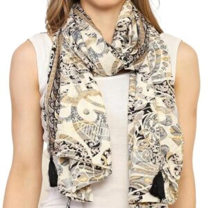 KE KANHA EXPORT Women Scarf|Stole For Women|Scarf For Women Stylish|Stall For Women|Border Print Face Cover Head Wrap|Boho|Beach|Multicolor|180x50cm|Pack Of 1|FREE Scrunchie Included
