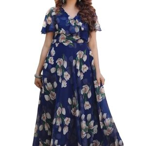 Shasmi Women's Dress | Flare Straight, Maxi Gown | Ankle Length | Short Sleeves | Butterfly Sleeves Style| Casual| Party | Wedding | Festival | Formal (Maxi Gown)