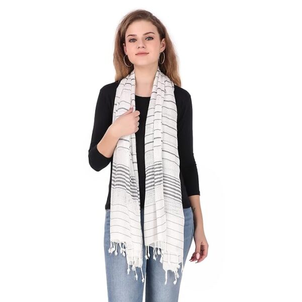 Stole/Scarf For Female Colour- White Soft Viscose Cotton Blend Ethnic Stripes Pattern Scarves Pack Of 1 ST-15