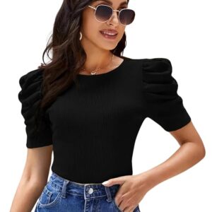 POPWINGS Casual Solid Puff Short Sleeves Round Neck Top for Women |) Latest Stylish Western Tops for Women || Summer Women Top