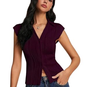 GRECIILOOKS Korean Tees for Women | Tops for Woman | Collared Casual Summer Tops for Women Western | Knitted Top Button-Up Short Sleeve Crop Top |Summer Stylish Texture Korean Knit Tee