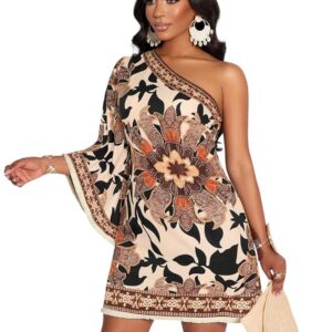 KATECLO Women’s One-Shoulder Boho Mini Dress – Asymmetrical Sleeve Floral Print Summer Shift Dress with Border Trim