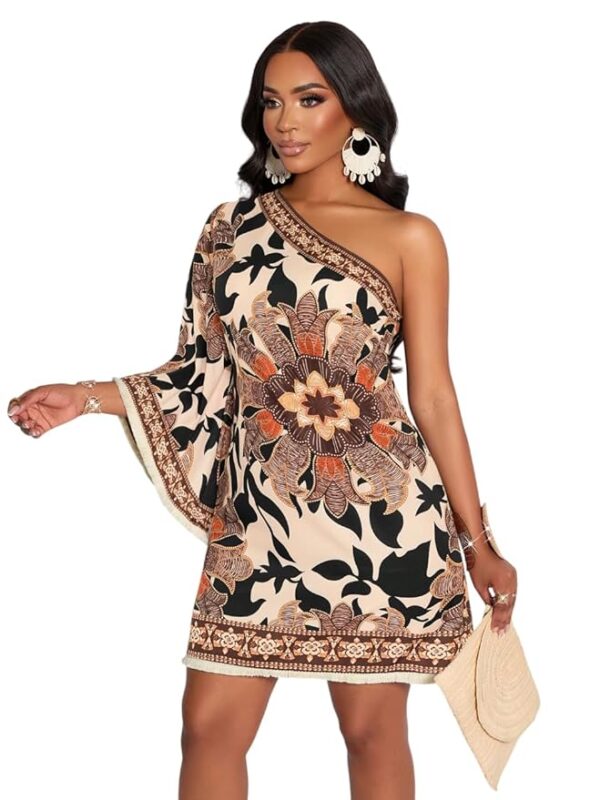 KATECLO Women’s One-Shoulder Boho Mini Dress – Asymmetrical Sleeve Floral Print Summer Shift Dress with Border Trim