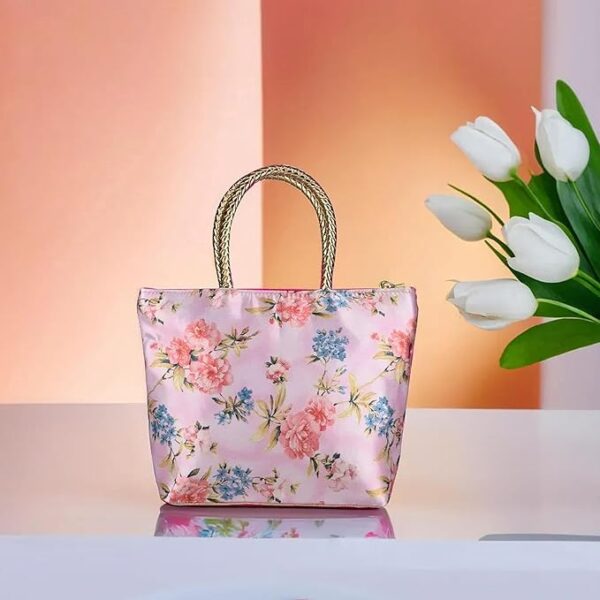 Kuber Industries Silk Small Hand Bags for Women Stylish with Handle & 1 Outer Zip Pocket | Traditional Handheld Bags for Women | Ethnic Ladies Purse Handbag for Return Gifts | Pink