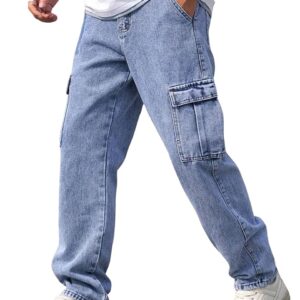 QNIM Cargo for Men | Loose Fit White Denim Jeans | Stylish Cotton Multi-Pocket Casual Styling Pant | Trendy Straight Leg Comfortable Utility Streetwear Trousers (Q-04-05)