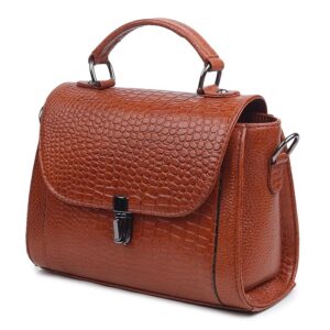 Steve Jhonson Genuine Leather Croc Style Hand Design Women Sling Shoulder Handbag Satchel ToteBag | Double Handle - Sling Belt - Metal Logo Embossed |