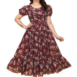 Women's Georgette Dresses Floral Printed One Piece Stylish Long Maxi Western Frock Midi Dress for Women (Puffed Sleeves)