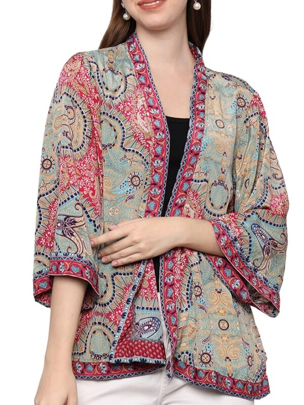 KE KANHA EXPORTS Women Shrug|Shrugs for Women Stylish|Cardigan |Boho Beach Cover Up|Border Print|Easily fits S-M-L|Bust 30-42 Inches|Length 28 Inches