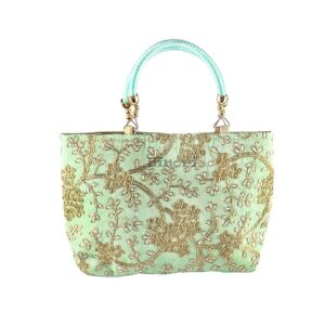 Elegant Evening Handbag with Gold Floral Embroidery, Metallic Handle,