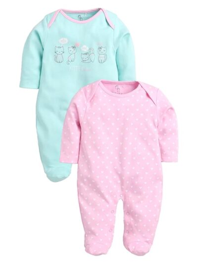 BABY GO Baby Boys & Baby Girls Cotton Sleepsuit Pack of 2 | Newborn Infant Full Sleeve Romper Jumpsuit | Soft Breathable Onesies Set | Snap Button Closure Night Suit