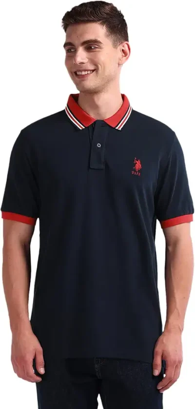 U.S. POLO ASSN. Men's Blue Solid Polo Collar Collared Neck Short Sleeve Casual Cotton Slim Fit Polo Shirt