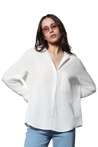 High Star Women's Classic Oversized Spread Collar Long Sleeves Cotton Casual Shirt